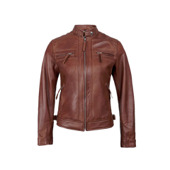 Johnson Women Cognac Quilted Cafe Racer Leather Jacket