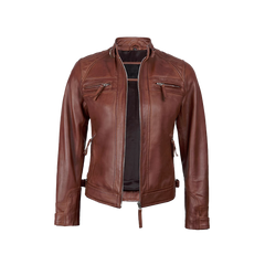 Johnson Women Cognac Quilted Cafe Racer Leather Jacket