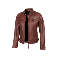 Johnson Women Cognac Quilted Cafe Racer Leather Jacket