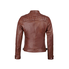 Johnson Women Cognac Quilted Cafe Racer Leather Jacket