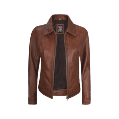 Jose Women's Harrington Lightweight Leather Jacket Cognac Wax