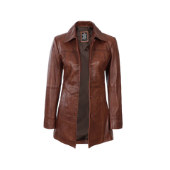 Kandis Women's Cognac Brown Leather Car Coat