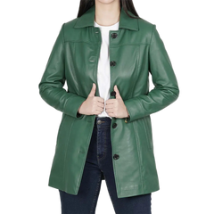 Kandis Women's Green Real Leather Car Coat