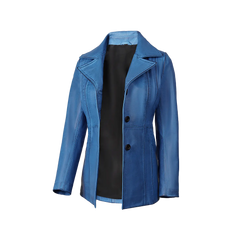 Katie Women's Blue Leather 3/4 Length Car Coat