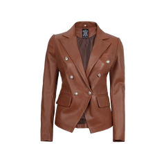 Kinley Women's Double Breasted Brown Leather Blazer Jacket