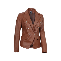 Kinley Women's Double Breasted Brown Leather Blazer Jacket