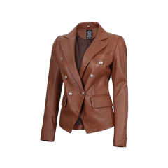 Kinley Women's Double Breasted Brown Leather Blazer Jacket