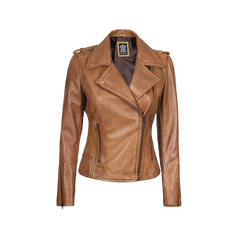 Kirsten Women's Asymmetrical Camel Brown Real Leather Jacket