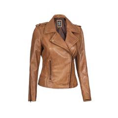 Kirsten Women's Asymmetrical Camel Brown Real Leather Jacket