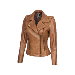 Kirsten Women's Asymmetrical Camel Brown Real Leather Jacket
