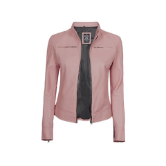 Light Pink Women's Motorcycle Cafe Racer Leather Jacket