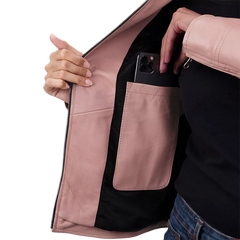 Light Pink Women's Motorcycle Cafe Racer Leather Jacket