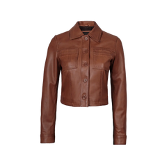 Mable Women’s Cognac Brown Cropped Harrington Leather Jacket