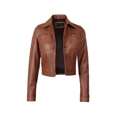 Mable Women’s Cognac Brown Cropped Harrington Leather Jacket