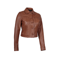 Mable Women’s Cognac Brown Cropped Harrington Leather Jacket