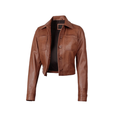 Mable Women’s Cognac Brown Cropped Harrington Leather Jacket