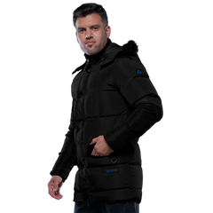 Melvin Mens Black 3/4 Length Puffer Jacket With Faux Fur Trim Hood