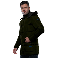 Melvin Mens Green 3/4 Length Puffer Jacket With Faux Fur Trim Hood