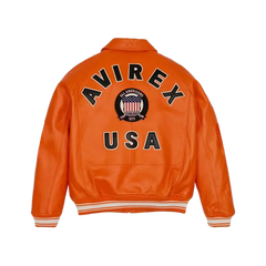 Men’s Avirex Orange Bomber American Flight Jacket 100% Real Leather Jacket