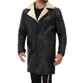 Men Beige Black Leather Shearling Coat
