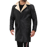 Men Beige Black Leather Shearling Coat