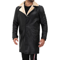 Men Beige Black Leather Shearling Coat