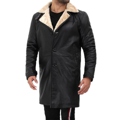 Men Beige Black Leather Shearling Coat