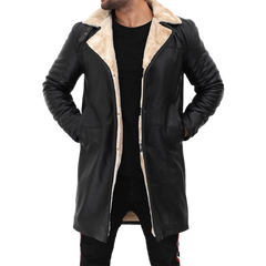 Men Beige Black Leather Shearling Coat