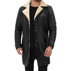 Men Beige Black Leather Shearling Coat