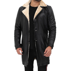 Men Beige Black Leather Shearling Coat