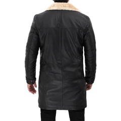 Men Beige Black Leather Shearling Coat
