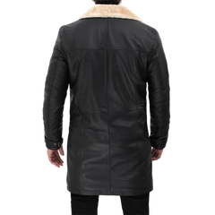 Men Beige Black Leather Shearling Coat