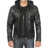 Men Black Leather Racer Jacket with Removable Hoodie