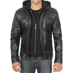 Men Black Leather Racer Jacket with Removable Hoodie