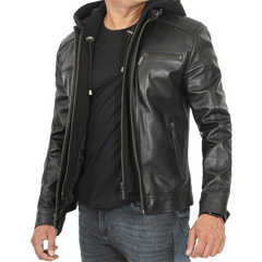 Men Black Leather Racer Jacket with Removable Hoodie