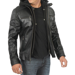 Men Black Leather Racer Jacket with Removable Hoodie