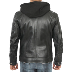 Men Black Leather Racer Jacket with Removable Hoodie