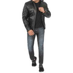Men Black Leather Racer Jacket with Removable Hoodie