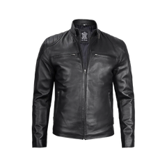 Men Black Real Leather Cafe Racer Jacket