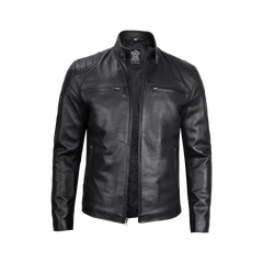 Men Black Real Leather Cafe Racer Jacket
