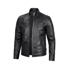 Men Black Real Leather Cafe Racer Jacket