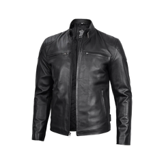 Men Black Real Leather Cafe Racer Jacket