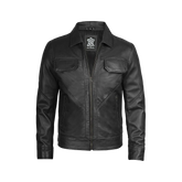 Men Black Shirt Collar Harrington Real Leather Jacket