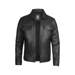 Men Black Shirt Collar Harrington Real Leather Jacket