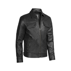 Men Black Shirt Collar Harrington Real Leather Jacket