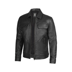Men Black Shirt Collar Harrington Real Leather Jacket