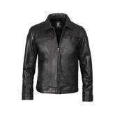 Men Black Shirt Collar Leather Jacket — Harrington Style