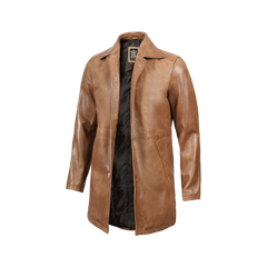 Men Camel Brown Tall Real Leather 3/4 Car Coat