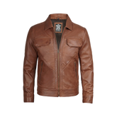 Men Cognac Brown Shirt Collar Harrington Leather Jacket