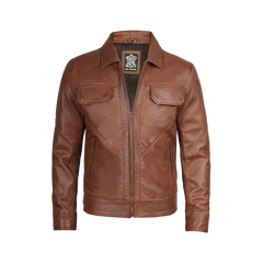 Men Cognac Brown Shirt Collar Harrington Leather Jacket